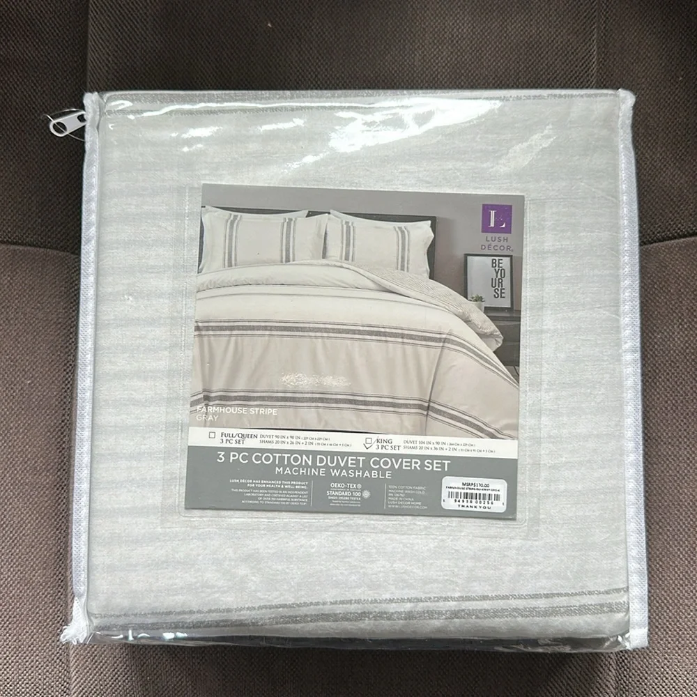 Lush Décor Farmhouse Stripe 100% Cotton Duvet Cover Set Gray